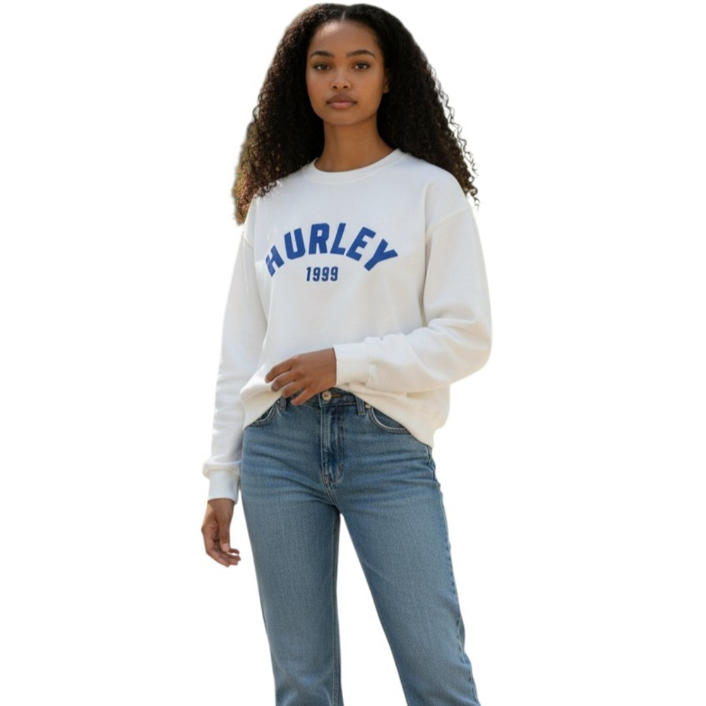 HURLEY Women's Cropped Top Cotton Long-Sleeves Pullover Beige Sweatshirt Medium